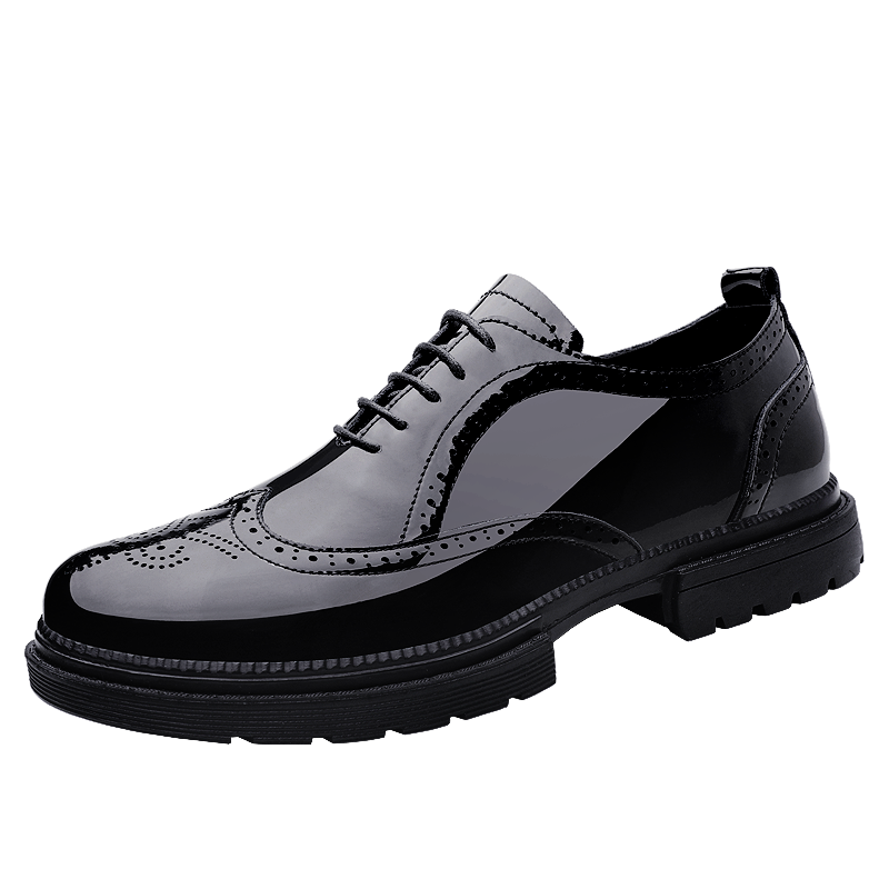 Men's Lace Up Derby Formal Leather Classic Thick Soled Dress Oxfords Breathable Glossy Block Carved Business Shoes