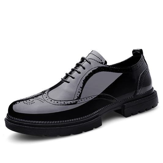 Men's Lace Up Derby Formal Leather Classic Thick Soled Dress Oxfords Breathable Glossy Block Carved Business Shoes