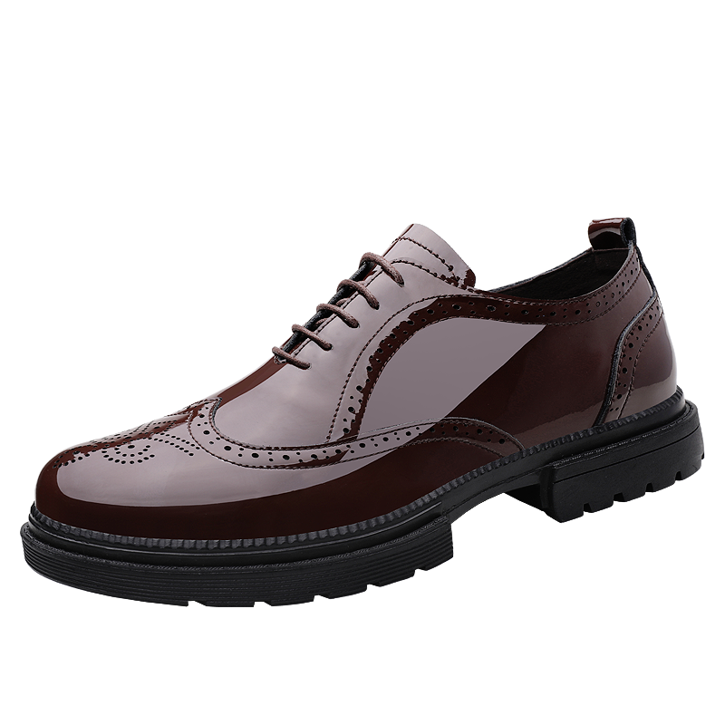 Men's Lace Up Derby Formal Leather Classic Thick Soled Dress Oxfords Breathable Glossy Block Carved Business Shoes