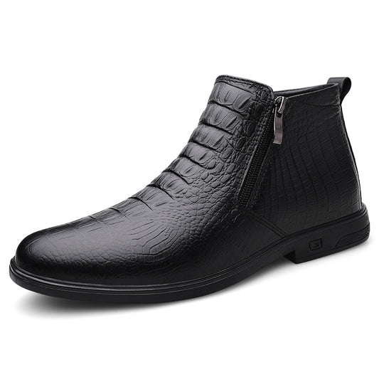 VILOCY Men's Croc Embossed Zip Leather Chelsea Ankle Boots In Black
