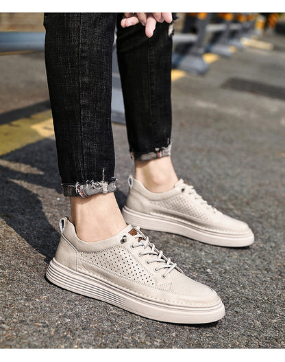 VILOCY Men's Low-Tops Perforated Leather Platform Casual Oxford Shoes Beige