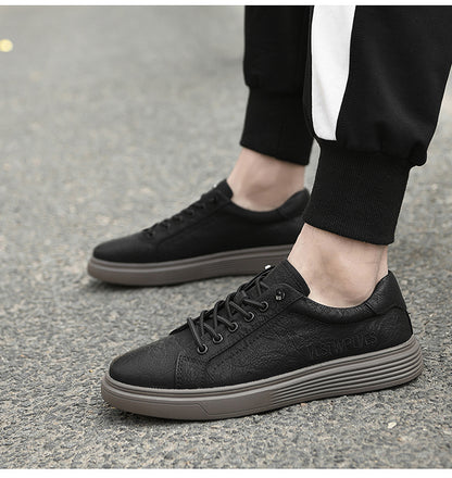 VILOCY Men's Low-Tops Vintage Leather Platform Casual Skate Shoes In Black