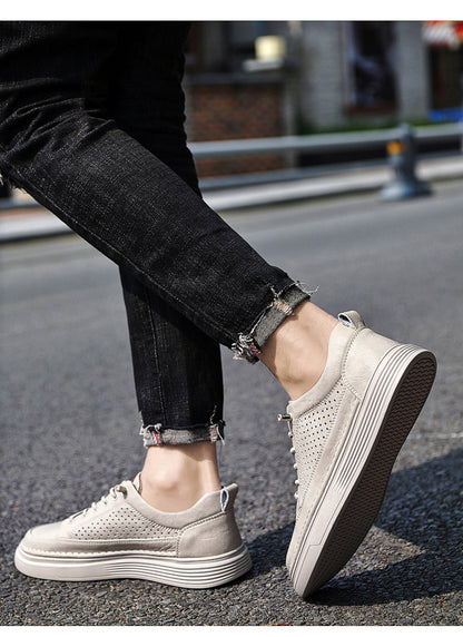 VILOCY Men's Low-Tops Perforated Leather Platform Casual Oxford Shoes Beige