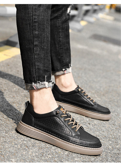 VILOCY Men's Low-Tops Perforated Leather Platform Casual Oxford Shoes Black