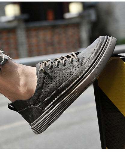 VILOCY Men's Low-Tops Perforated Leather Platform Casual Oxford Shoes Grey