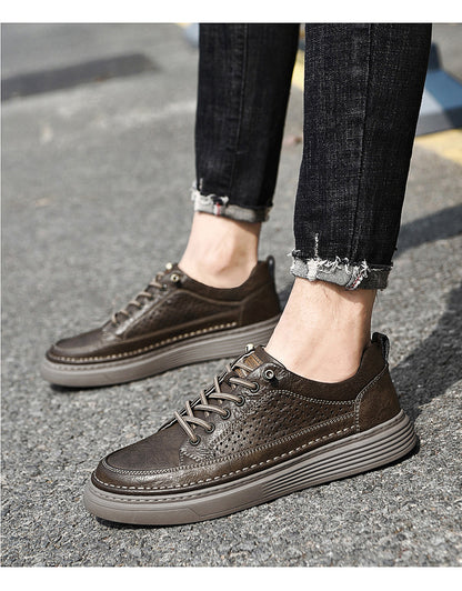 VILOCY Men's Low-Tops Perforated Leather Platform Casual Oxford Shoes Khaki