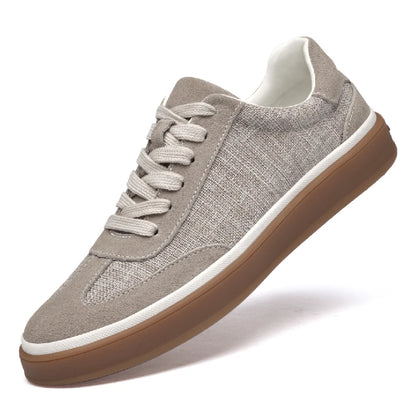 VILOCY Mens Nubuck Suede Spliced Linen Low Top Casual Sneakers In Khaki