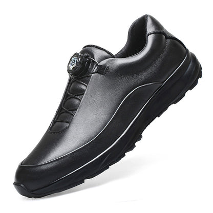 VILOCY Men’s Rotary Buckle Black Leather Casual Sneakers In Black