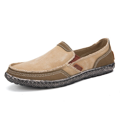 VILOCY Men's Color Block Vintage Canvas Slip On Casual Loafers In Khaki