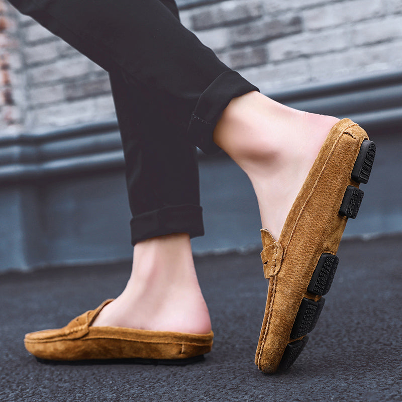 Men's Perforated Suede Backless Penny Casual Driving Mules