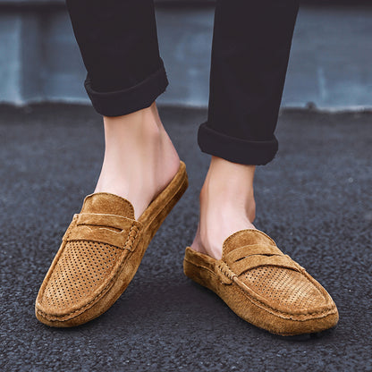 Men's Perforated Suede Backless Penny Casual Driving Mules