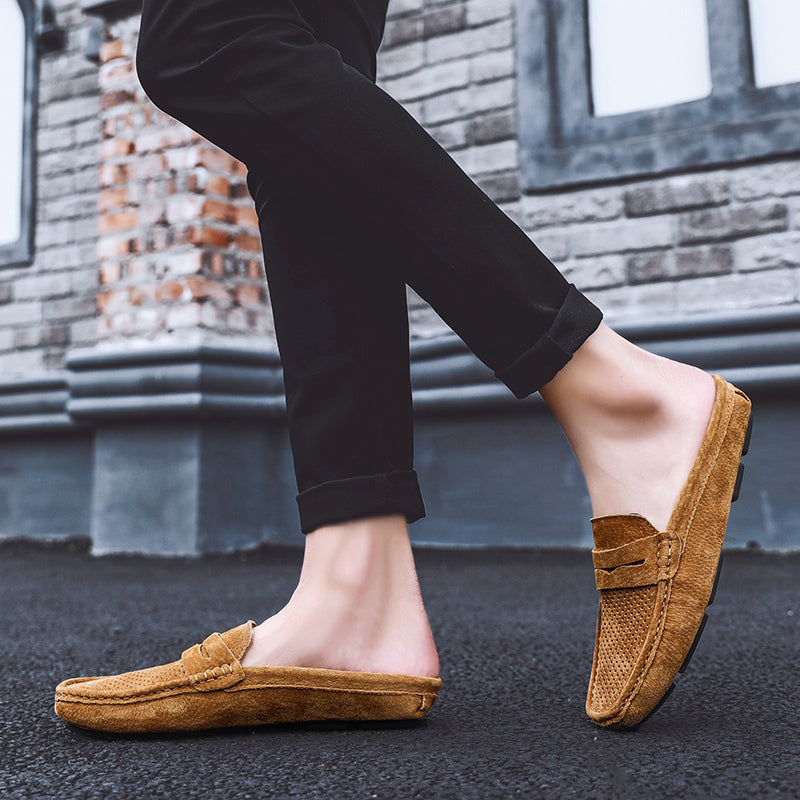 Men's Perforated Suede Backless Penny Casual Driving Mules