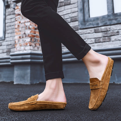 Men's Perforated Suede Backless Penny Casual Driving Mules
