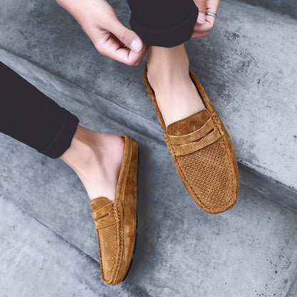 Men's Perforated Suede Backless Penny Casual Driving Mules