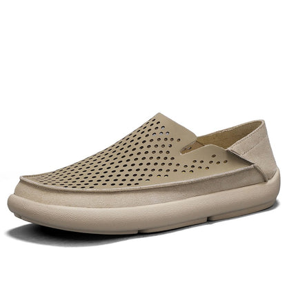 VILOCY Men's Perforated Slip On Breathable Leather Loafers In Khaki