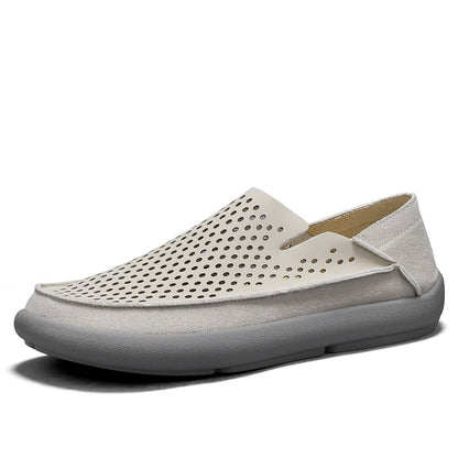 VILOCY Men's Perforated Slip On Breathable Leather Loafers In Grey