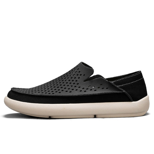 VILOCY Men's Perforated Slip On Breathable Leather Loafers In Black