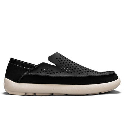 VILOCY Men's Perforated Slip On Breathable Leather Loafers In Black