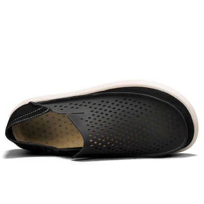 VILOCY Men's Perforated Slip On Breathable Leather Loafers In Black