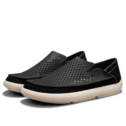 VILOCY Men's Perforated Slip On Breathable Leather Loafers In Black