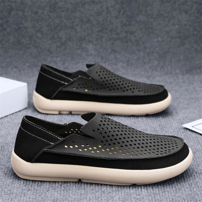 VILOCY Men's Perforated Slip On Breathable Leather Loafers In Black