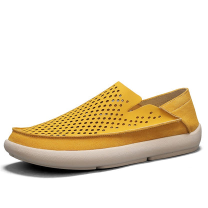 VILOCY Men's Perforated Slip On Breathable Leather Loafers In Yellow