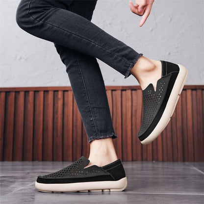 VILOCY Men's Perforated Slip On Breathable Leather Loafers In Black