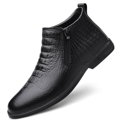 VILOCY Men's Croc Embossed Zip Leather Chelsea Ankle Boots In Black
