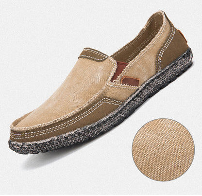 VILOCY Men's Color Block Vintage Canvas Slip On Casual Loafers In Khaki