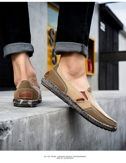 VILOCY Men's Color Block Vintage Canvas Slip On Casual Loafers In Khaki
