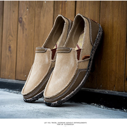 VILOCY Men's Color Block Vintage Canvas Slip On Casual Loafers In Khaki