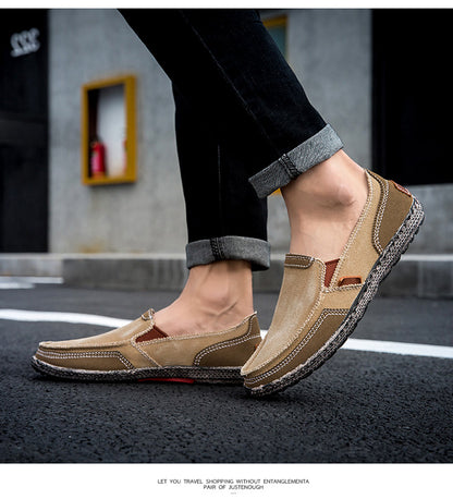 VILOCY Men's Color Block Vintage Canvas Slip On Casual Loafers In Khaki
