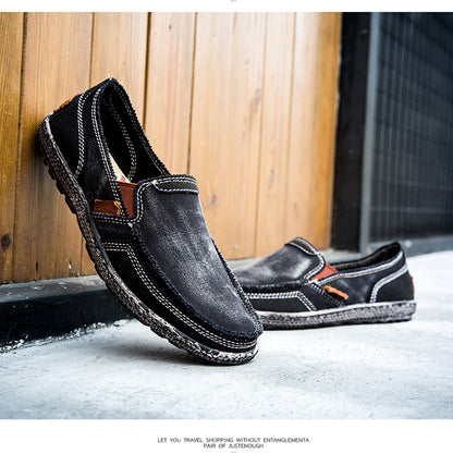 VILOCY Men's Color Block Vintage Canvas Slip On Casual Loafers In Black