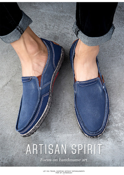 VILOCY Men's Color Block Vintage Canvas Slip On Casual Loafers In Blue