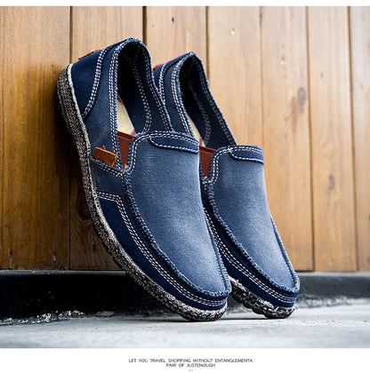 VILOCY Men's Color Block Vintage Canvas Slip On Casual Loafers In Blue