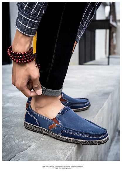 VILOCY Men's Color Block Vintage Canvas Slip On Casual Loafers In Blue
