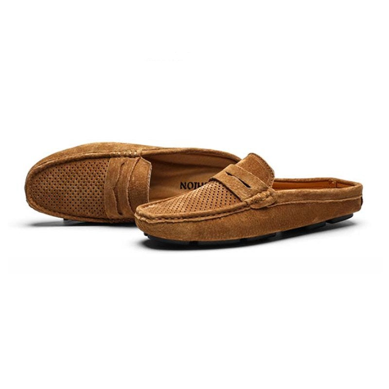 Men's Perforated Suede Backless Penny Casual Driving Mules
