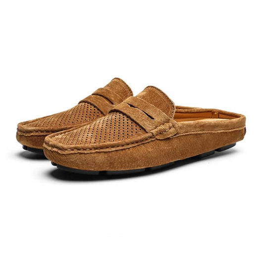Men's Perforated Suede Backless Penny Casual Driving Mules