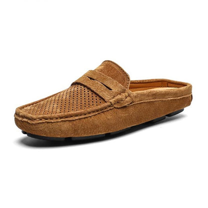Men's Perforated Suede Backless Penny Casual Driving Mules