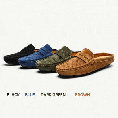 Men's Perforated Suede Backless Penny Casual Driving Mules