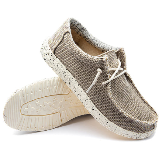 Men's Lace Up Raw Edge Linen Canvas Slip On Casual Boat Loafers