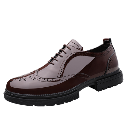 VILOCY Men's Lace Up Patent Leather Brogue Oxford Shoes In Brown