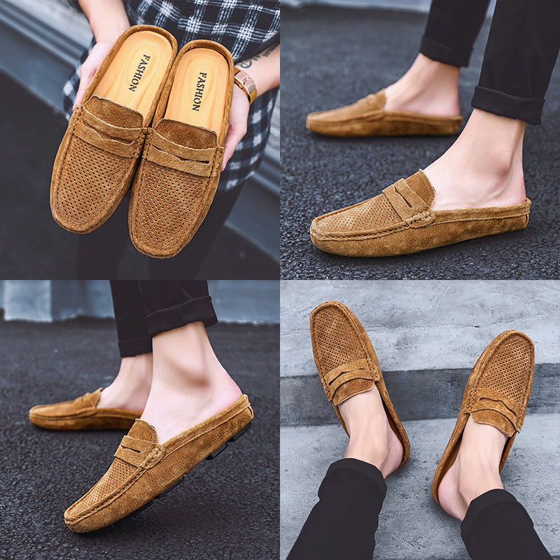 Men's Perforated Suede Backless Penny Casual Driving Mules