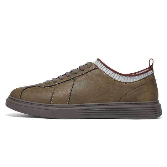 VILOCY Men Knit Collar Lace‑up Casual Leather Sneakers In Brown