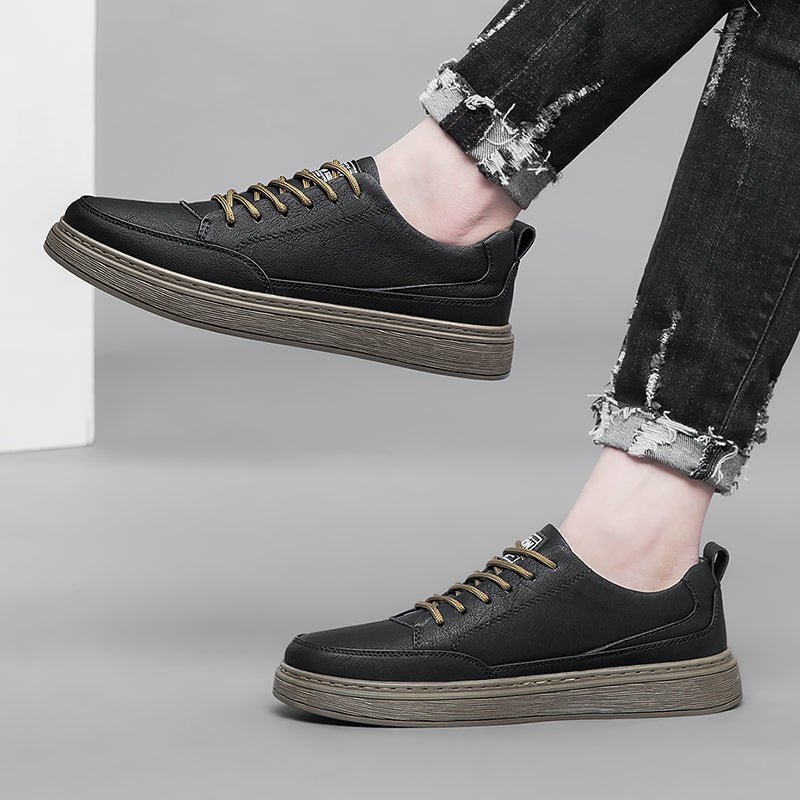 Vilocy Men's Low-Tops Leather Platform Casual Board Sneakers In Black