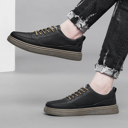 Vilocy Men's Low-Tops Leather Platform Casual Board Sneakers In Black