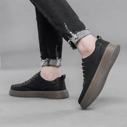 Vilocy Men's Low-Tops Leather Platform Casual Board Sneakers In Black