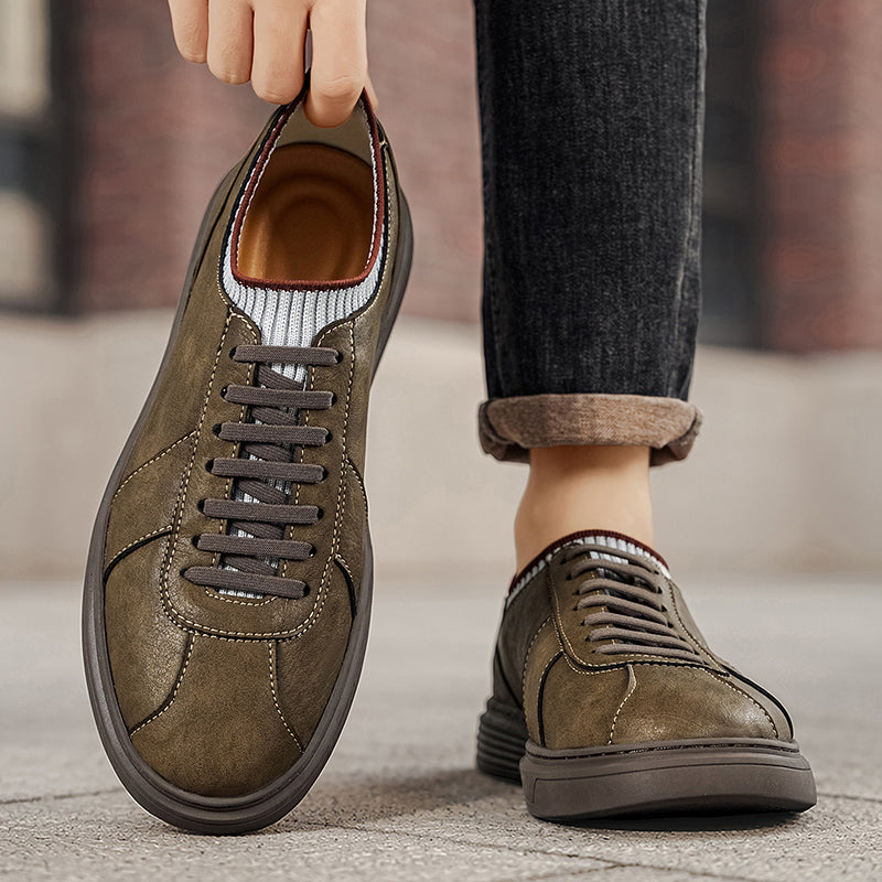 Men Knit Collar Lace‑up Casual Leather Sneakers