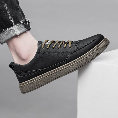 Vilocy Men's Low-Tops Leather Platform Casual Board Sneakers In Black