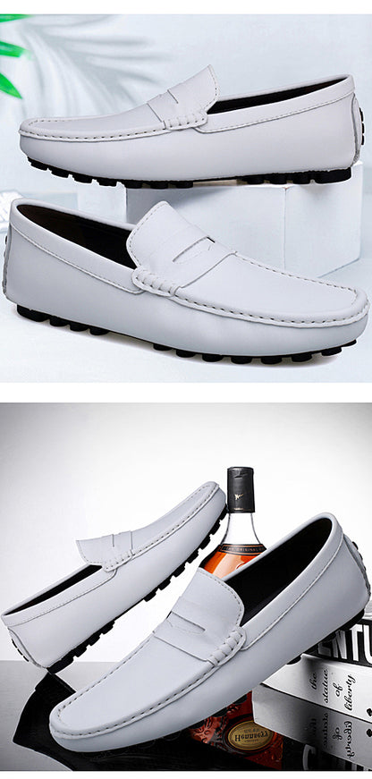 VILOCY Men's Leather Heightening Penny Slip On Driving Loafers In White